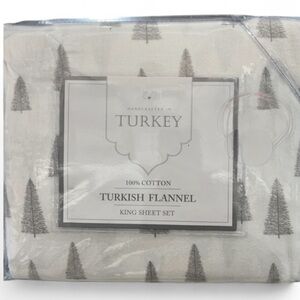 Turkey Gray & White Cotton Turkish Flannel Holiday King Sheet Set Trees